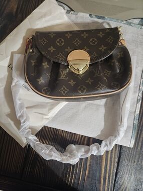 Brown Monogram Shoulder Bag with Tan Trim and Gold Hardware